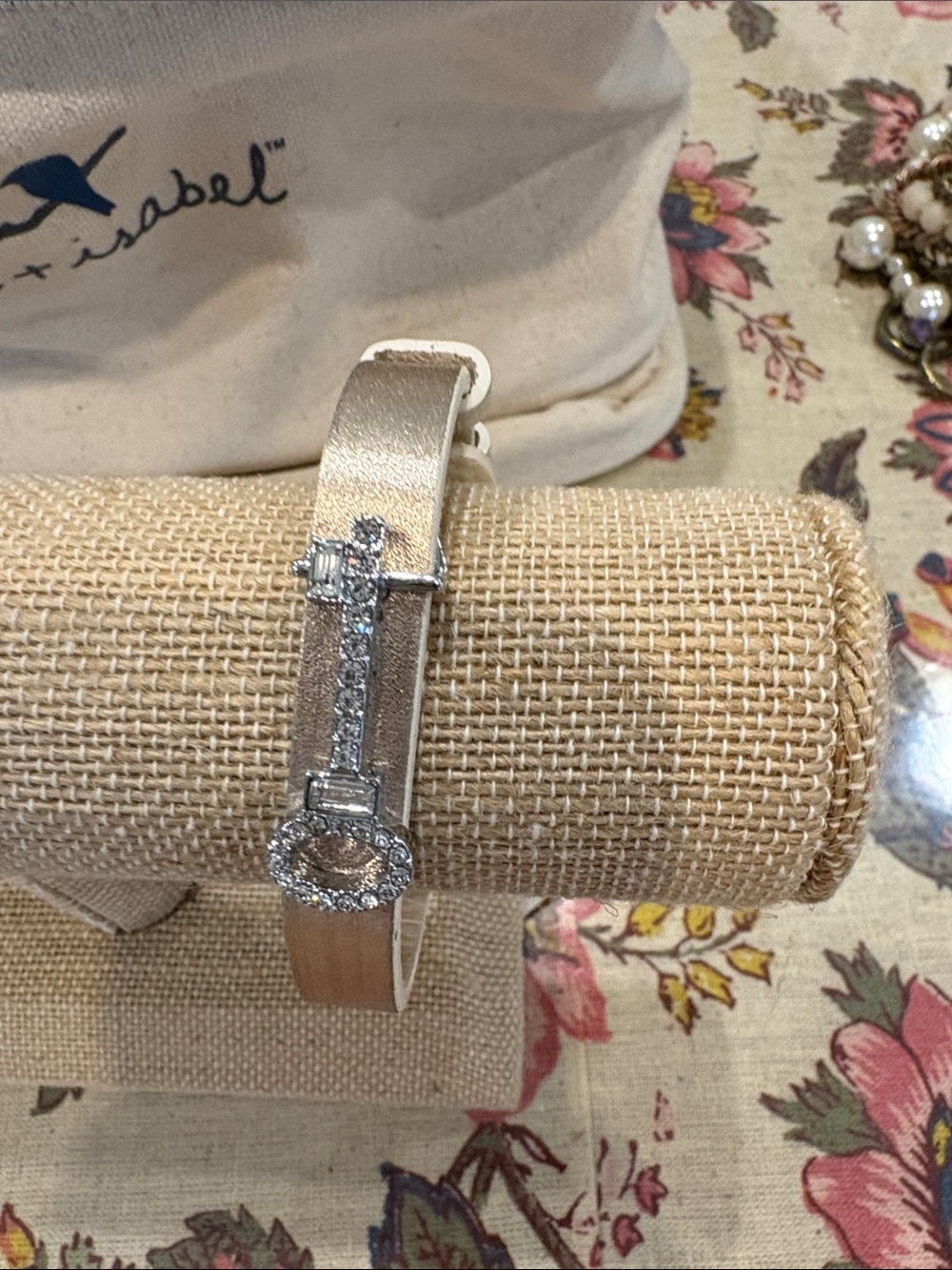 Stella & Dot Metallic Champagne Leather Bracelet with Crystal Buckle
